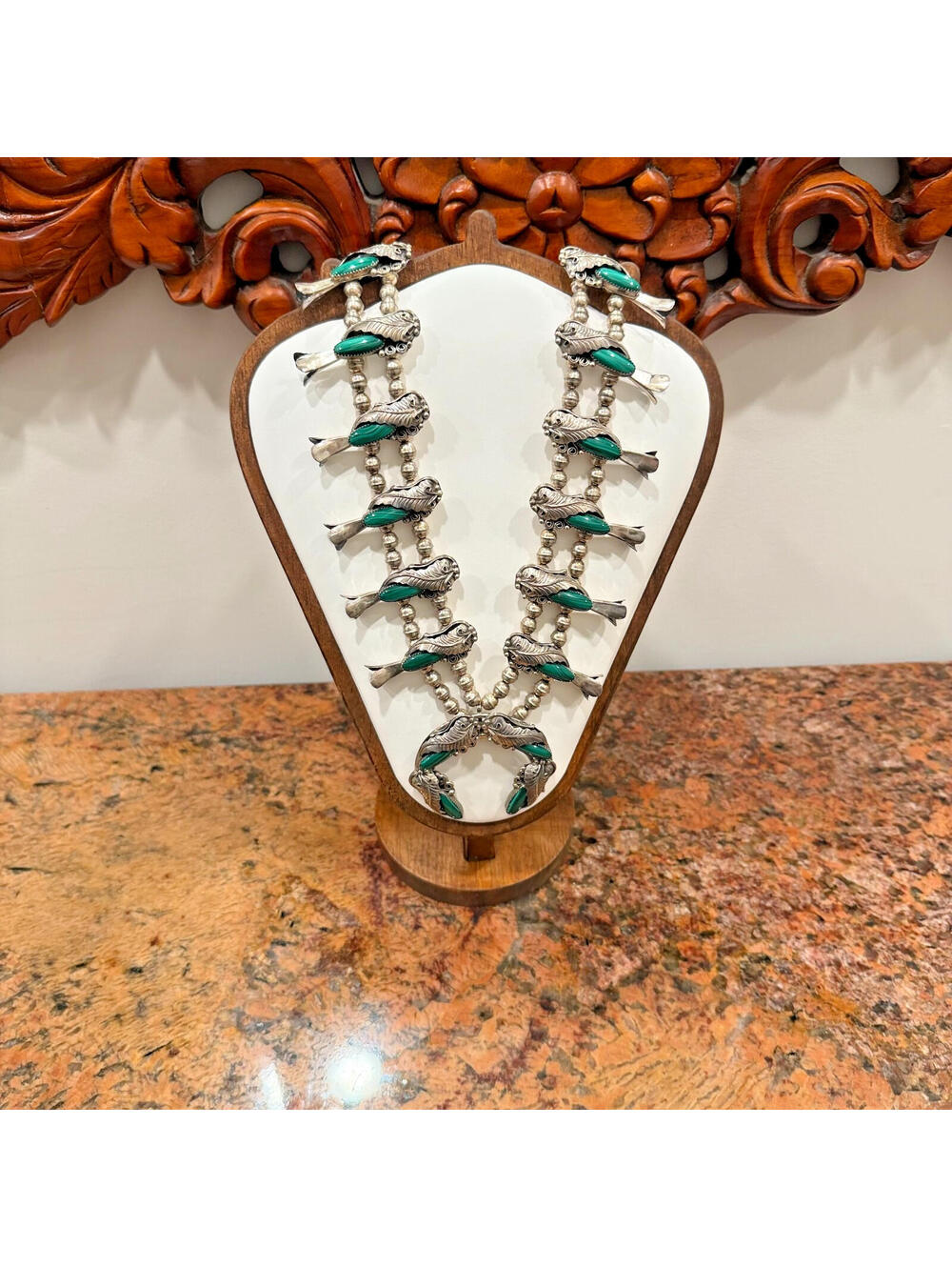 Vintage 1970s 28" Navajo Malachite Squash Blossom Artist Cecil Henry